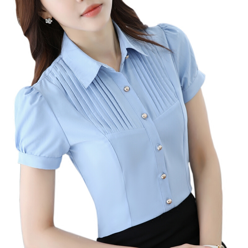 职业雪纺白色衬衫女短袖2018夏季新款韩版收腰上衣工装衬衣工作服