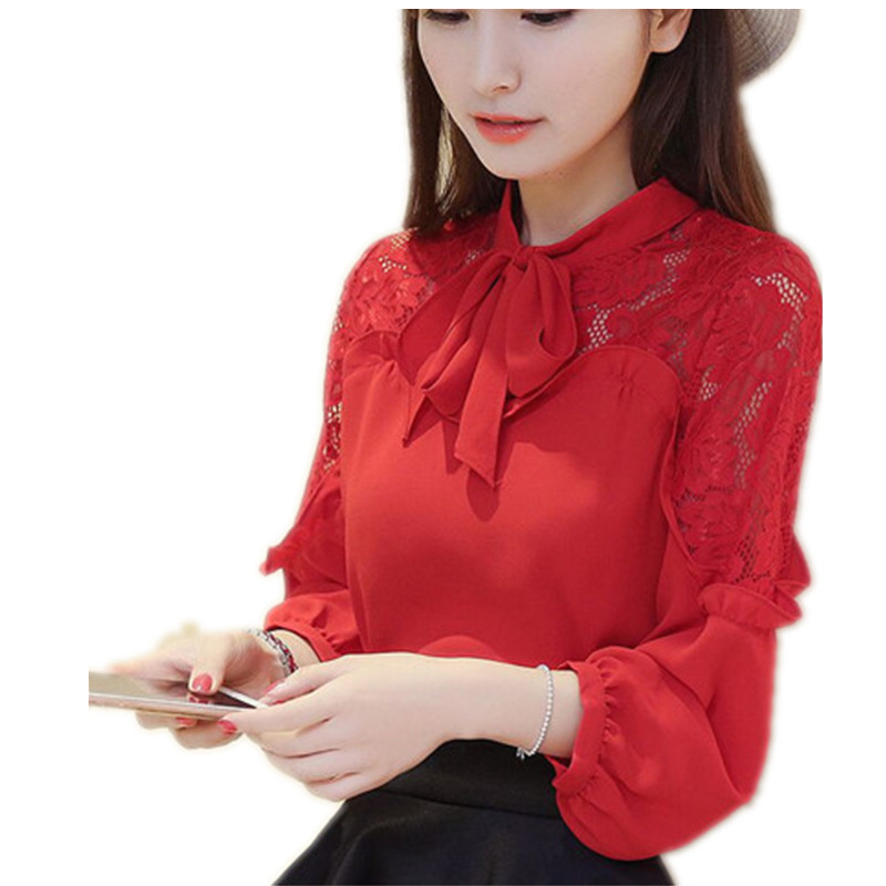 超仙蝴蝶结雪纺衫2018夏季新款韩版大码女装修身百搭蕾丝打底衬衫红色