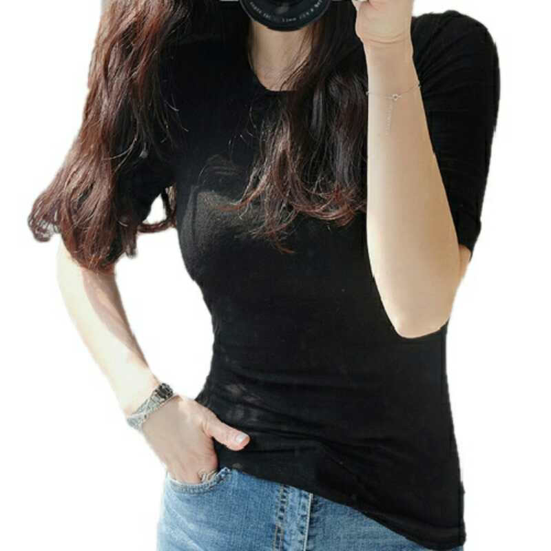 韩国夏季新款弹力修身显瘦微透圆领短袖T恤女半袖上衣百搭打底衫黑色均码