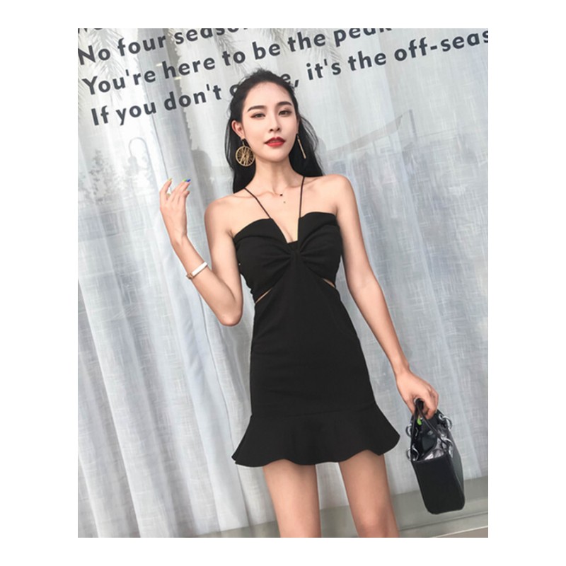 夜场女装性感2018夏装新款小心机裙子设计感带裙女夏显瘦连衣裙黑色