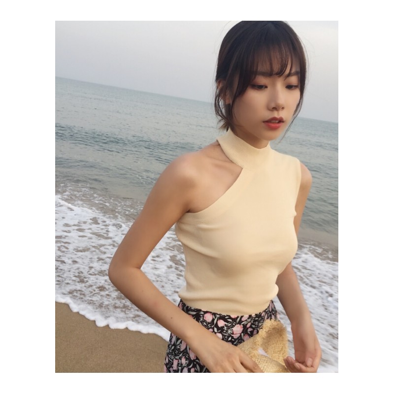 夏季百搭露肩短款挂脖削肩无袖带背心女套头修身针织打底衫上衣黑色均码