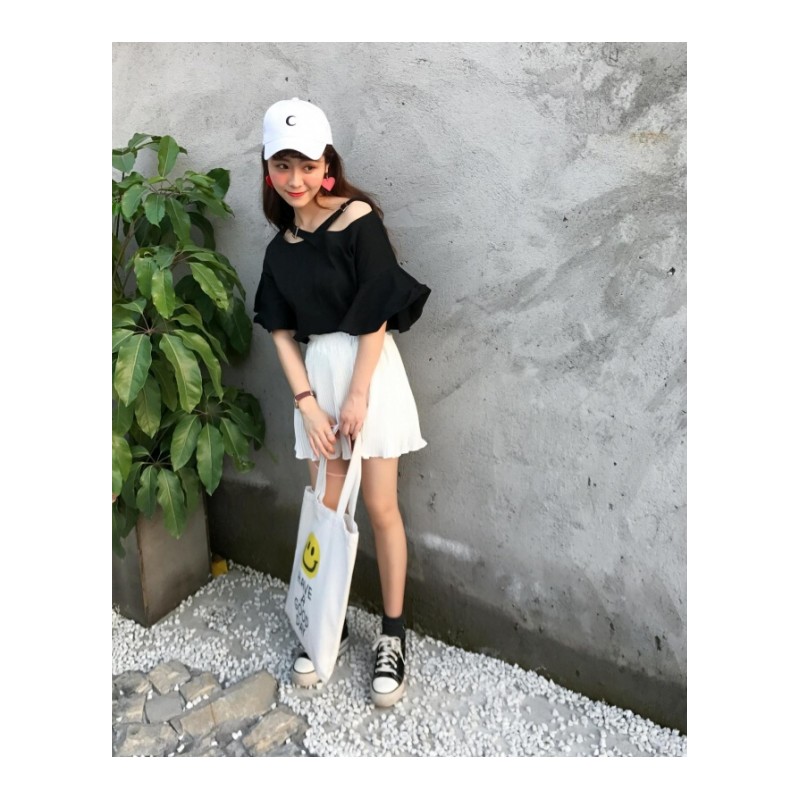 春夏女装韩版露肩领宽松喇叭袖短袖T恤学生休闲打底衫上衣体恤潮白色均码