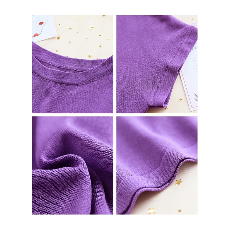 2018夏装新款韩版冰丝针织短袖女T恤宽松显瘦打底体恤黑紫色上衣白色均码