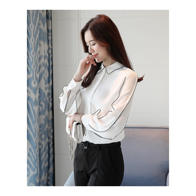 白衬衫女长袖2018春装新款韩范灯笼袖职业雪纺衬衣心机上衣设计感