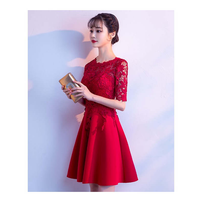 新娘敬酒服2018新款夏季短款修身红色蕾丝结婚回小礼服连衣裙女
