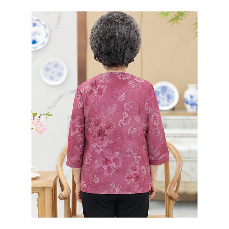 中老年女夏装两件套60-70-80岁老人雪纺妈妈装上衣大码奶奶装套装蓝色两件套装XL建议80-105斤