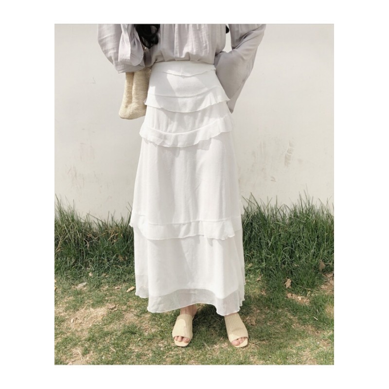 夏季新款百搭显瘦多层设计白色裙简约纯色中长款A字裙半身裙白色
