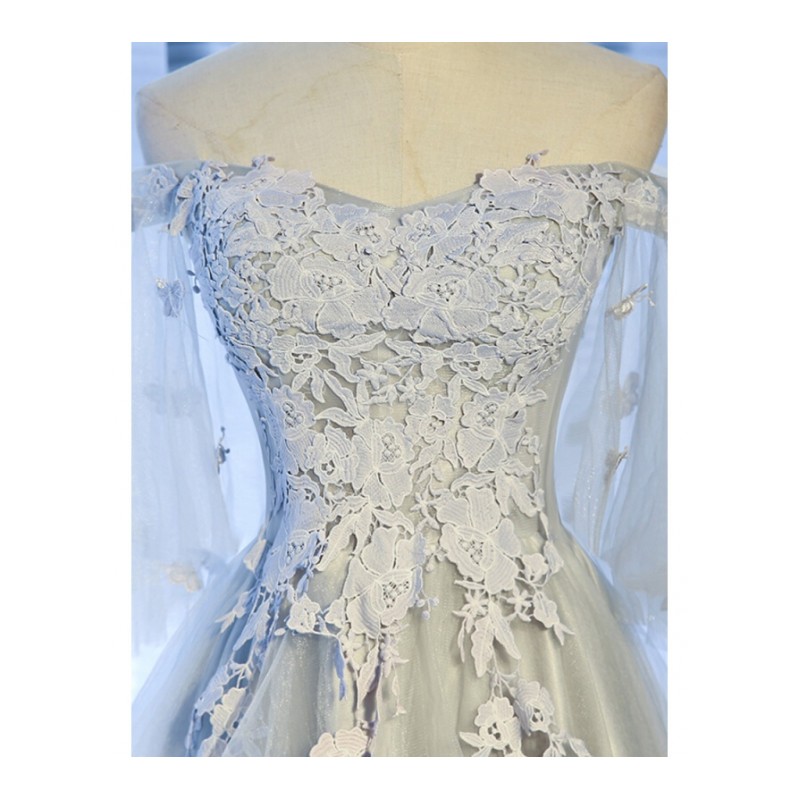 一字肩姐妹团伴娘服烟灰色小礼服裙前短后长2018新款夏婚礼闺蜜装