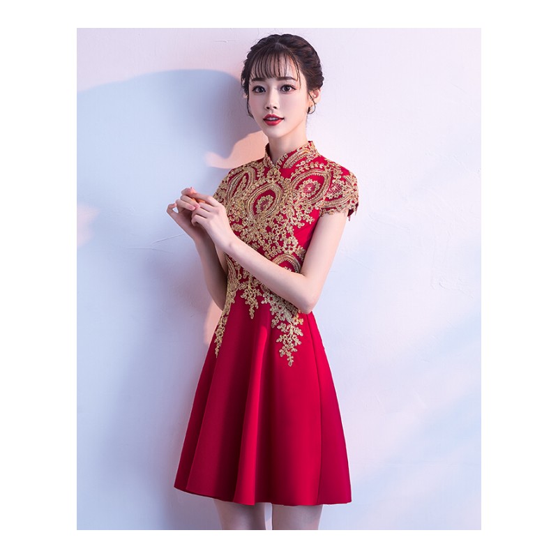 中式新娘敬酒服2018新款夏季复古立领短款显瘦红色结婚小礼服裙女