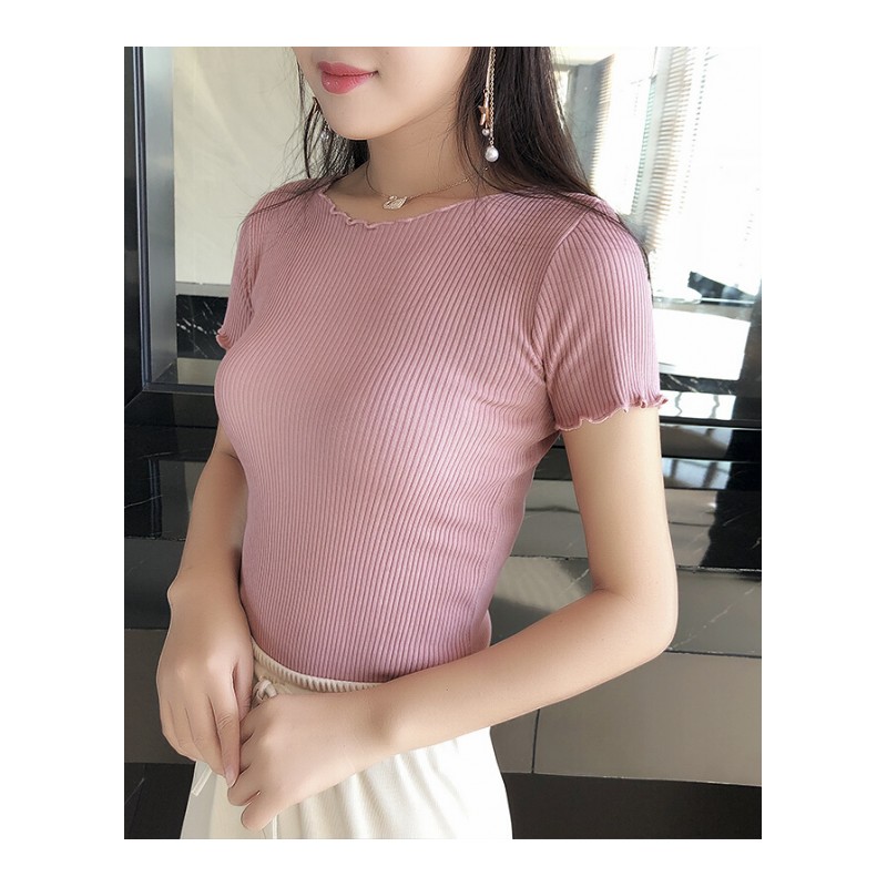 针织冰丝条纹T恤女夏短袖2018新款显瘦纯色薄款打底衫木耳边上衣