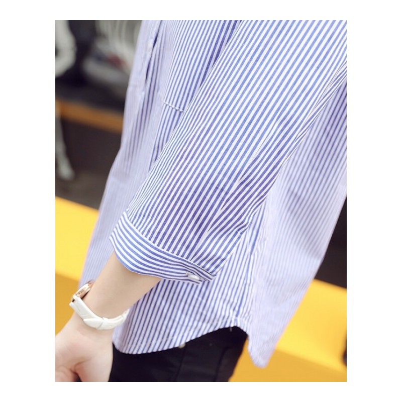春秋装新款大码条纹长袖衬衫女套头v领宽松显瘦学生T恤打底衫上衣