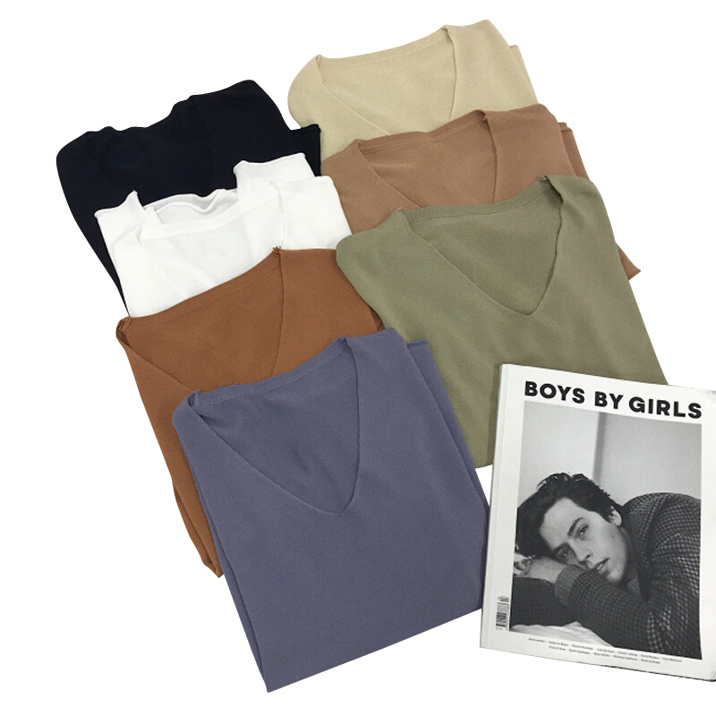 夏季韩国chic风百搭宽松V领短袖纯色套头针织衫上衣女基础打底T恤橘红色均码