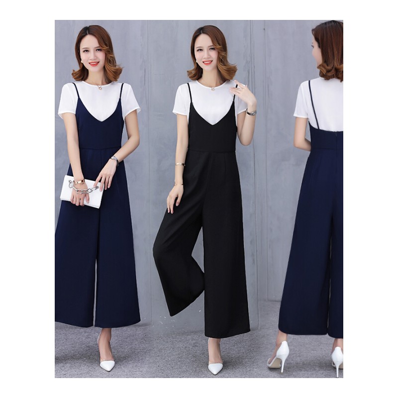 背带阔腿裤女2018夏装新款宽松大码垂感带套装雪纺九分裤两件套