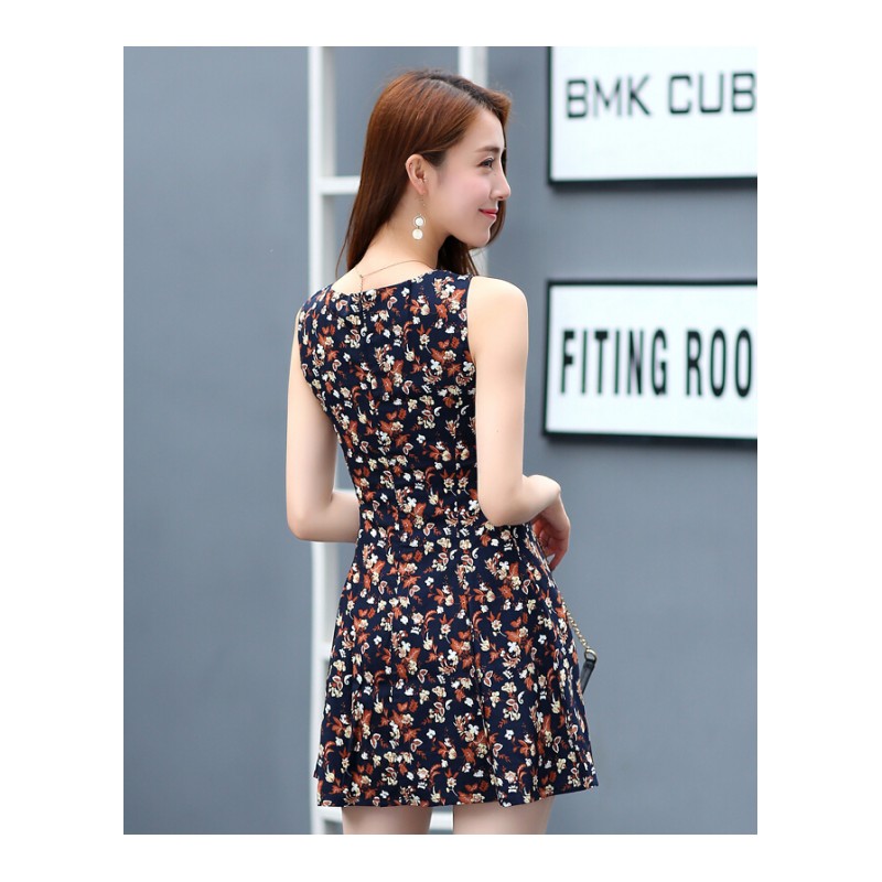 连衣裙春夏女装2018新款潮韩版修身碎花无袖背心打底小短裙雪纺裙