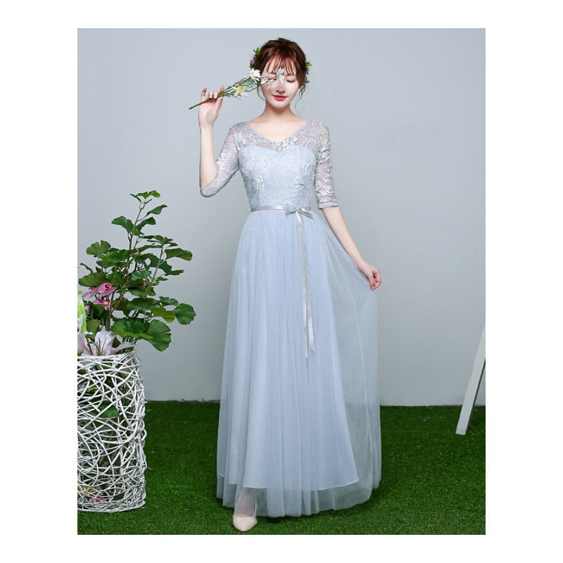 2018春夏季新款韩版伴娘服长款宴会礼服女装灰色中袖姐妹团演出服