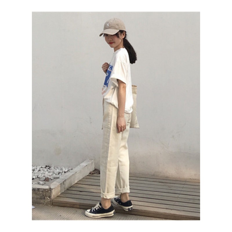 夏季韩版学院风基础百搭高腰显瘦牛仔裤女宽松直筒裤学生休闲长裤杏色