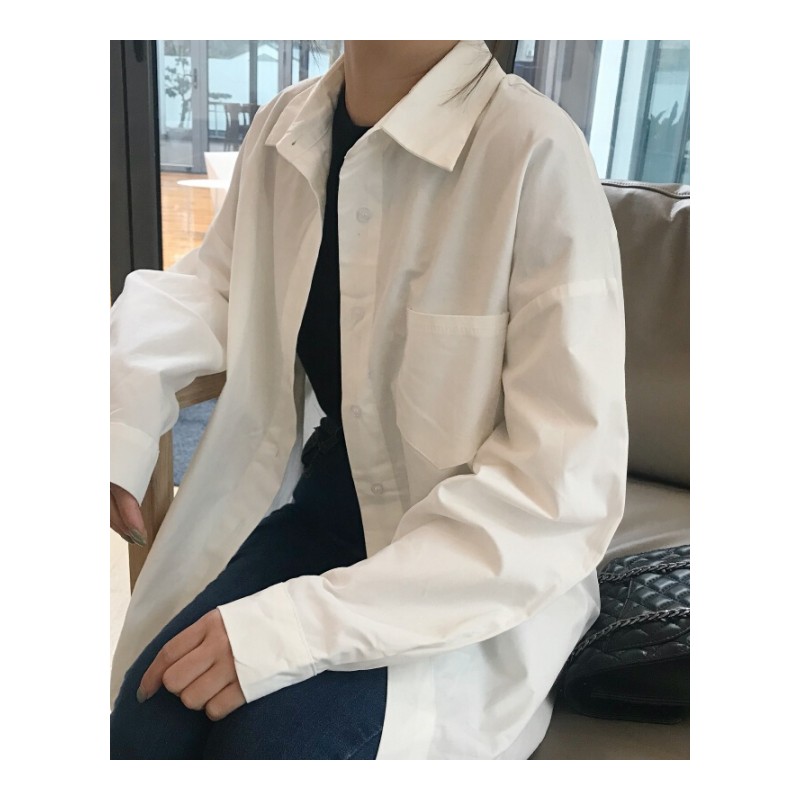 韩版简约百搭经典基础款白衬衫女宽松显瘦纯色学生打底翻领上衣 白色 均码
