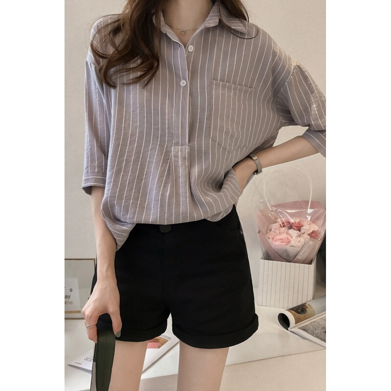 大码女装胖mm2018夏季短袖宽松打底衫中长款条纹立领上衣200斤潮