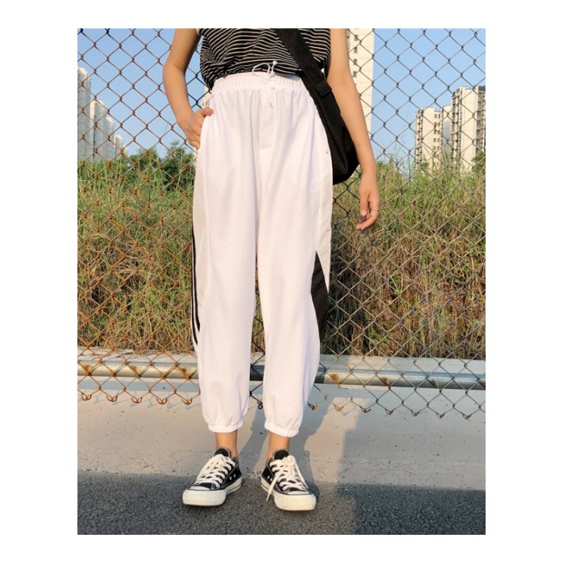 夏季女装宽松显瘦束脚织带拼接休闲裤高腰哈伦裤九分裤学生裤子潮灰色均码