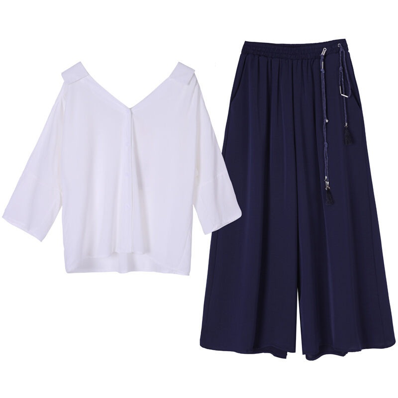 2018新款大码女装胖mm200斤宽松高腰九分裤阔腿裤两件套套装女夏