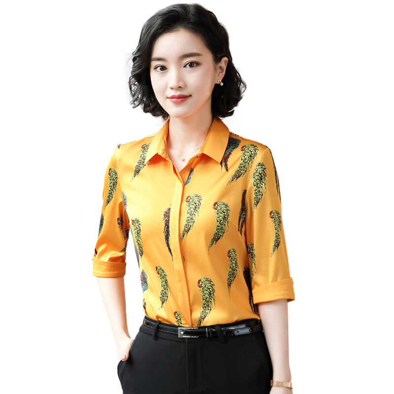 复古印花女衬衫2018夏季新品韩范女士五分袖黄色衬衣大码修身上衣黄色印花衬衫