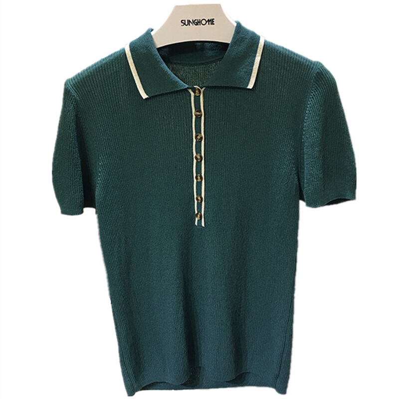 2018秋装新款韩版修身冰丝针织短袖女polo衫ins超火的T恤翻领上衣绿色均码