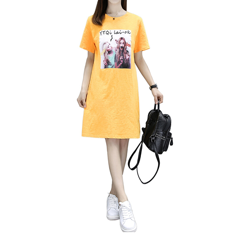 欧洲站2018夏季新款宽松印花短袖中长款T恤女卡通大码打底连衣裙柠檬黄