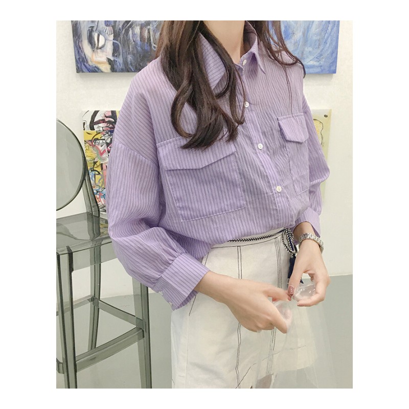 夏2018新款紫色衬衫女条纹长袖七分袖宽松韩版港风上衣衬衣秋装 紫色 均码