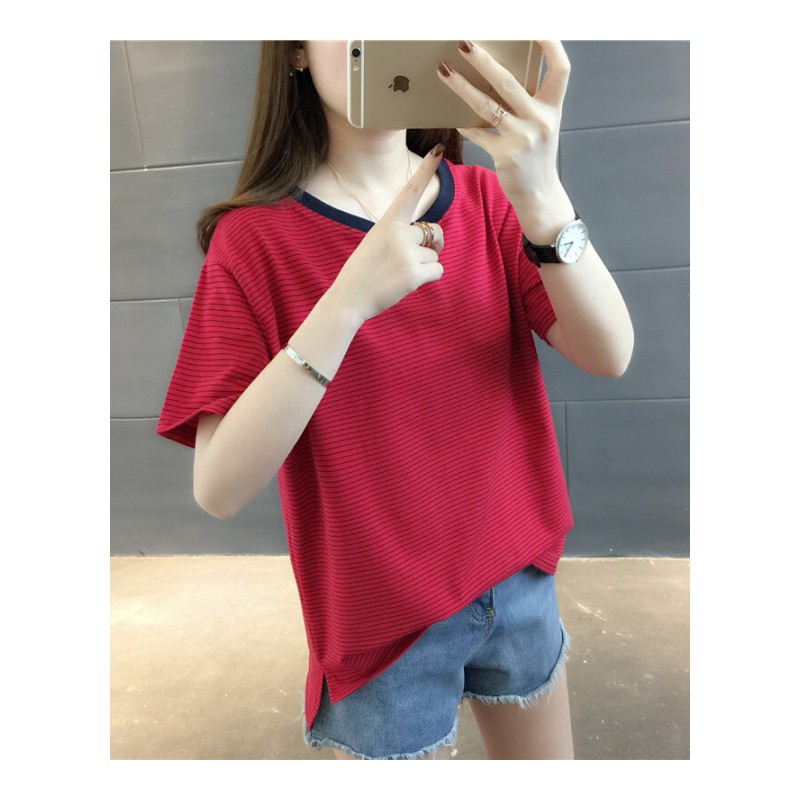 短袖T恤女2018夏装新款韩版宽松圆领条纹开叉打底体恤衫半袖上衣绿色均码