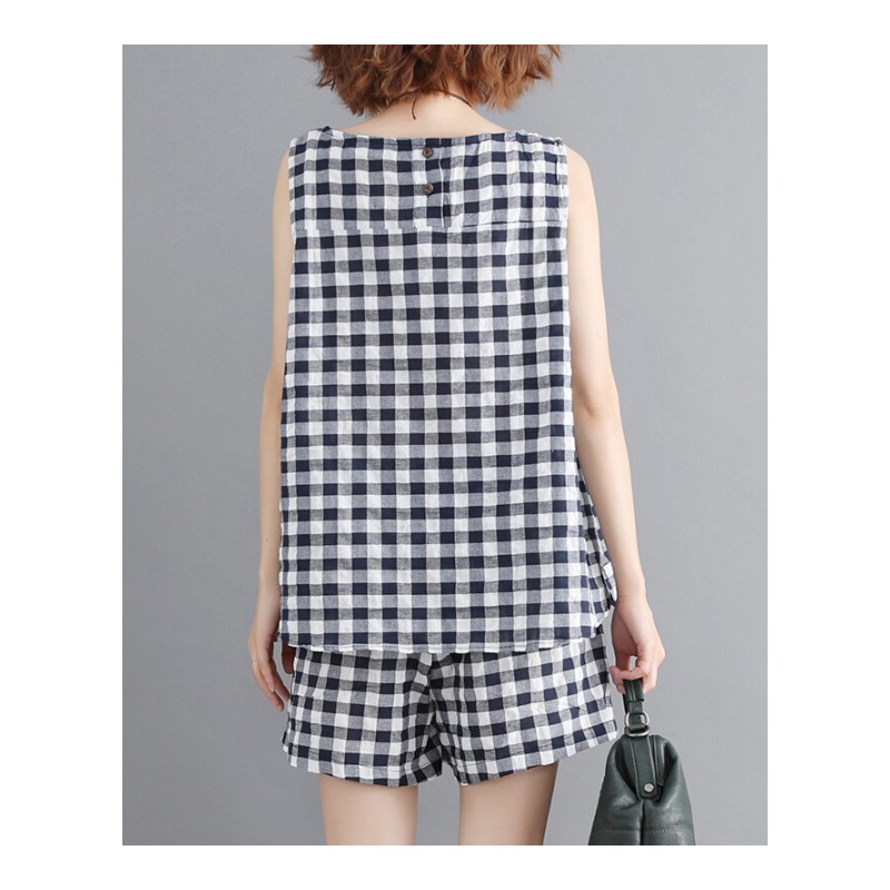 心机套装大码女装夏装文艺宽松无袖背心上衣格子休闲时髦两件套潮图片色