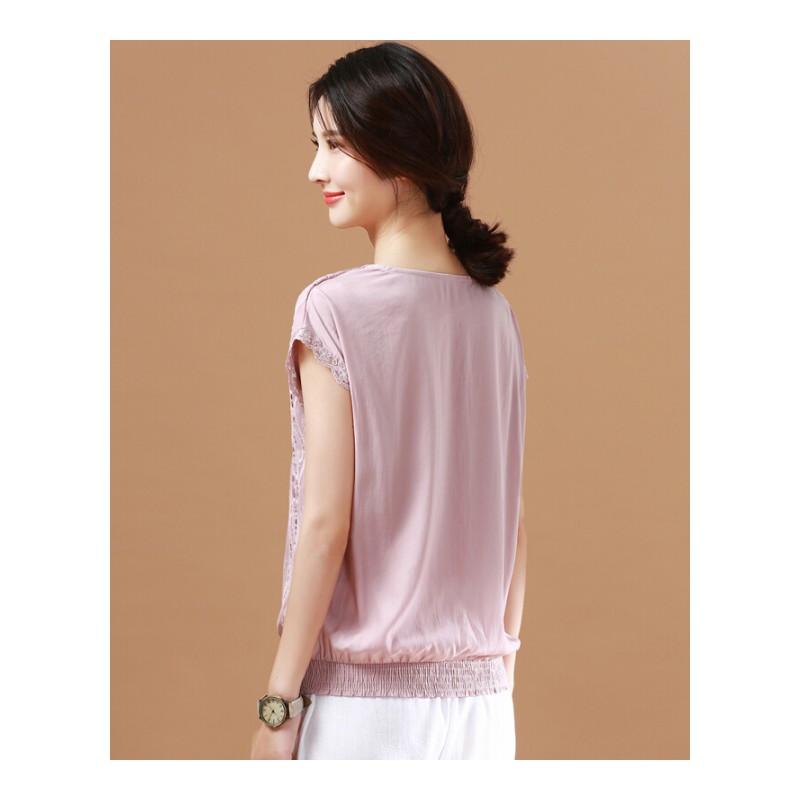 遮肚子雪纺衫夏季女装2018新款短袖网纱镂空上衣雪纺衬衫粉紫
