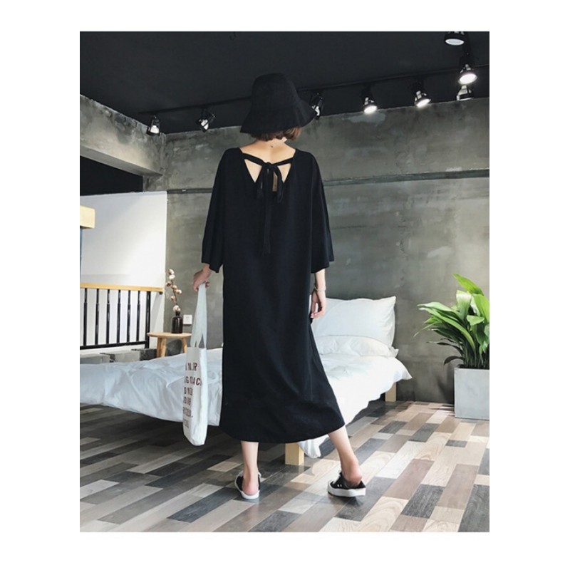 2018夏装胖mm遮肚子打底衫大码女装宽松休闲露后背连衣裙200斤潮黑色