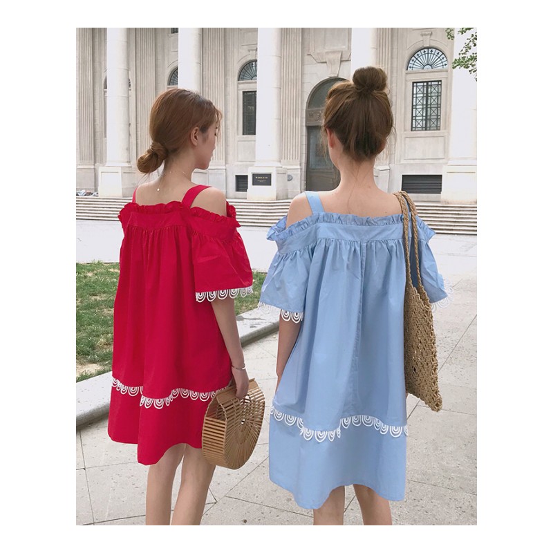 洋气大码女装胖mm新款2018夏装显瘦微胖妹妹漏肩遮肚子连衣裙减龄