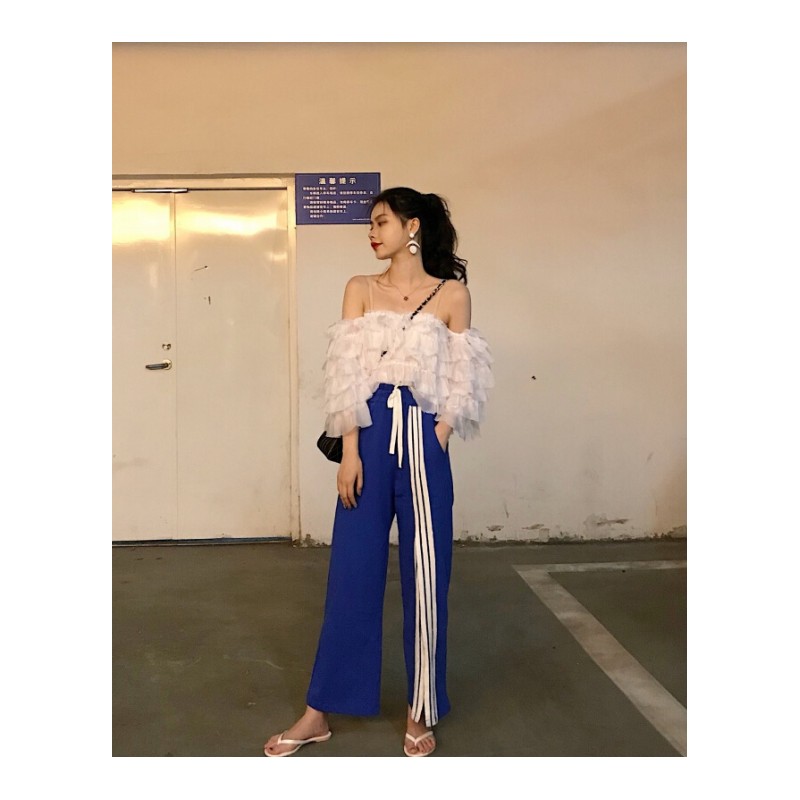 韩版宽松运动裤女学生休闲裤开叉裤子时尚阔腿裤女夏九分裤 蓝色 均码