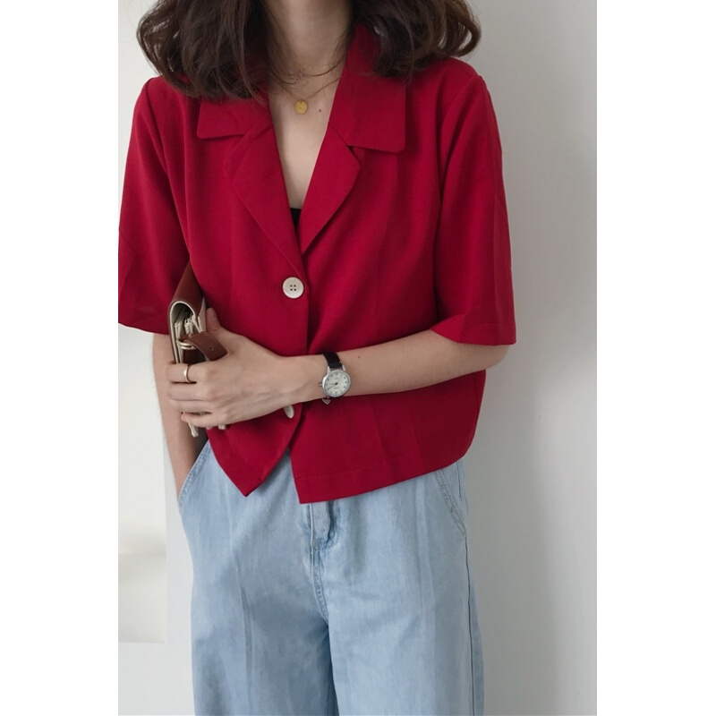 西装领宽松短袖衬衫女夏季2018新款韩版学生时尚显瘦上衣外套蔷薇红均码