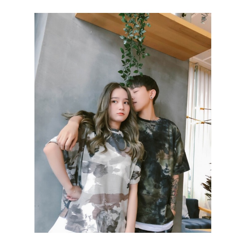潮流情侣装2018夏季韩版假两件宽松迷彩短袖T恤男女嘻哈半袖上衣