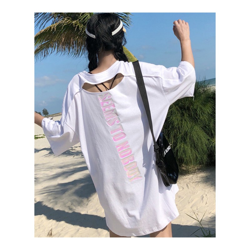 破洞露背中长款原宿风嘻哈短袖T恤上衣学生hiphop女衣服潮