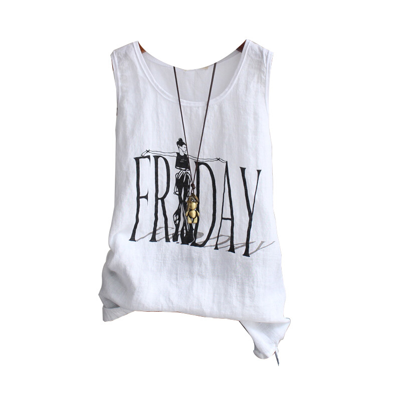 文艺2018夏装圆领无袖棉麻拼接背心带宽松女外穿薄款打底衫上衣白色均码