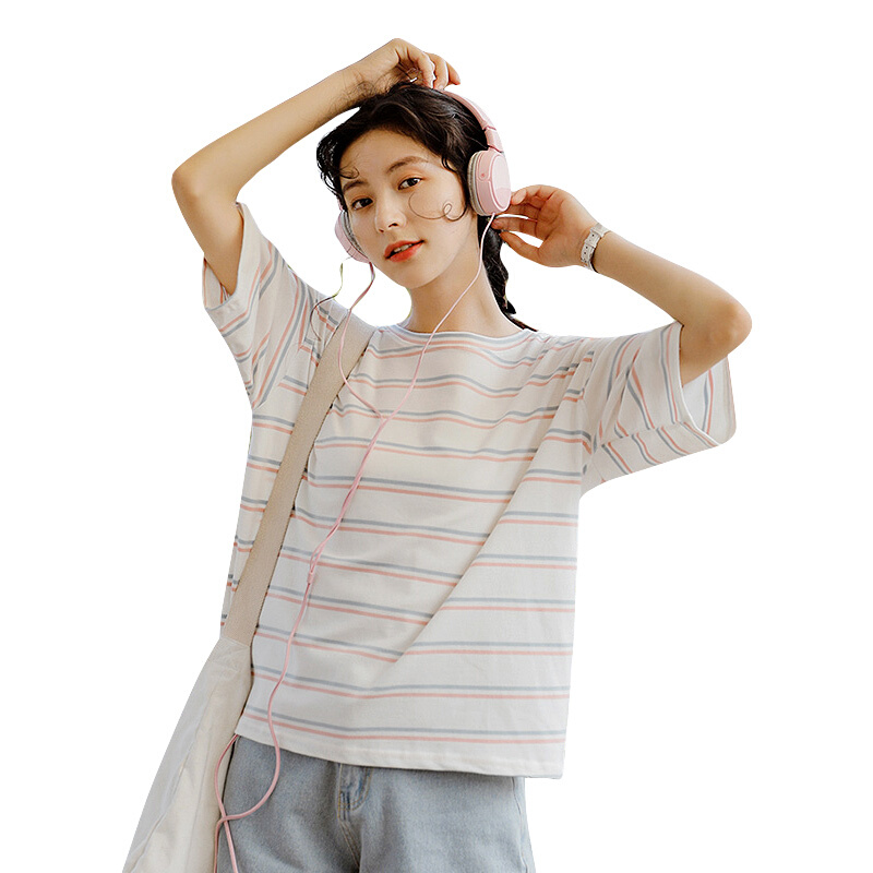 条纹T恤女短袖夏装2018新款韩版宽松五分袖上衣半袖学生打底衫潮chic风条纹304均码