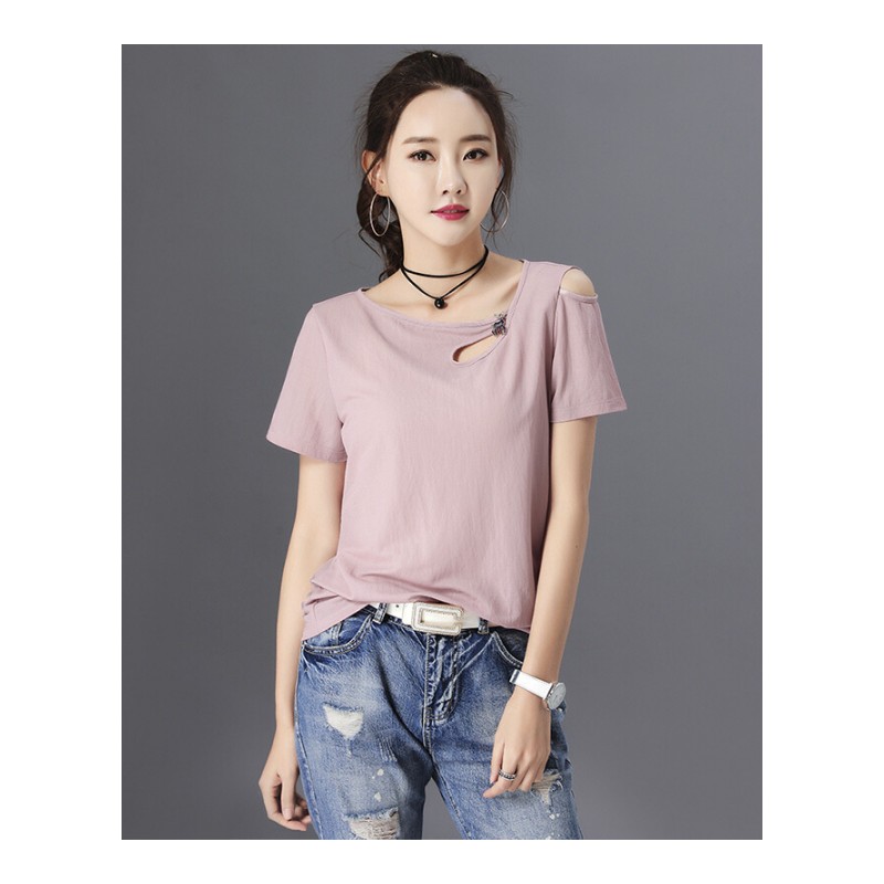 2018夏装新款韩版女装修身性感露肩短袖T恤上衣紧身纯棉体恤黑色