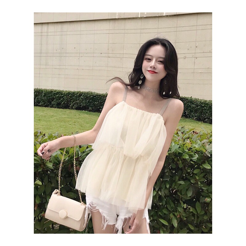 港味复古chic夏季纯色网纱上衣女2018新款百搭学生打底带背心杏色均码
