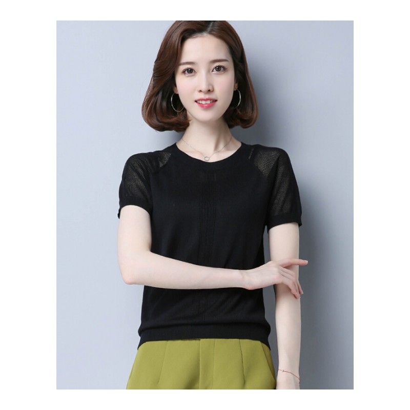2018T恤女短袖薄款夏季新款镂空宽松针织冰丝纯色套头打底衫