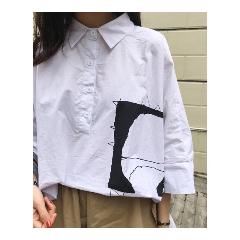 超火衬衫女夏季2018新款韩版bf宽松中长款衬衣印花polo衫上衣 白色 均码