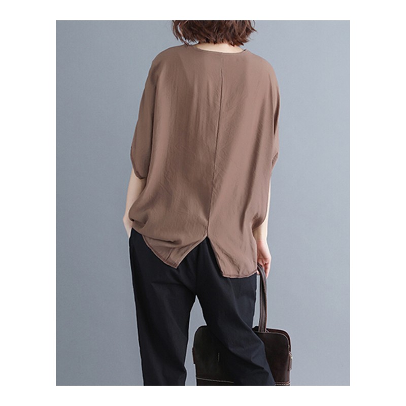 大码女装夏季韩版文艺范宽松显瘦宽松藏肉上衣200斤胖mm半袖T恤女咖色均码[建议100-180斤]