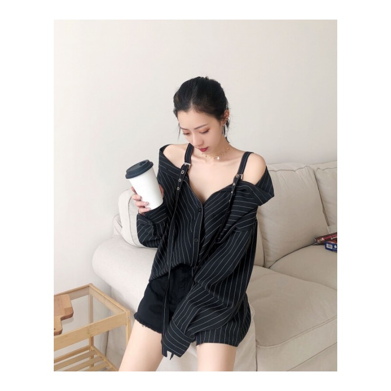 个性带竖条纹露肩衬衫上衣女春夏新款长袖宽松百搭韩版学生衬衣 黑色 均码
