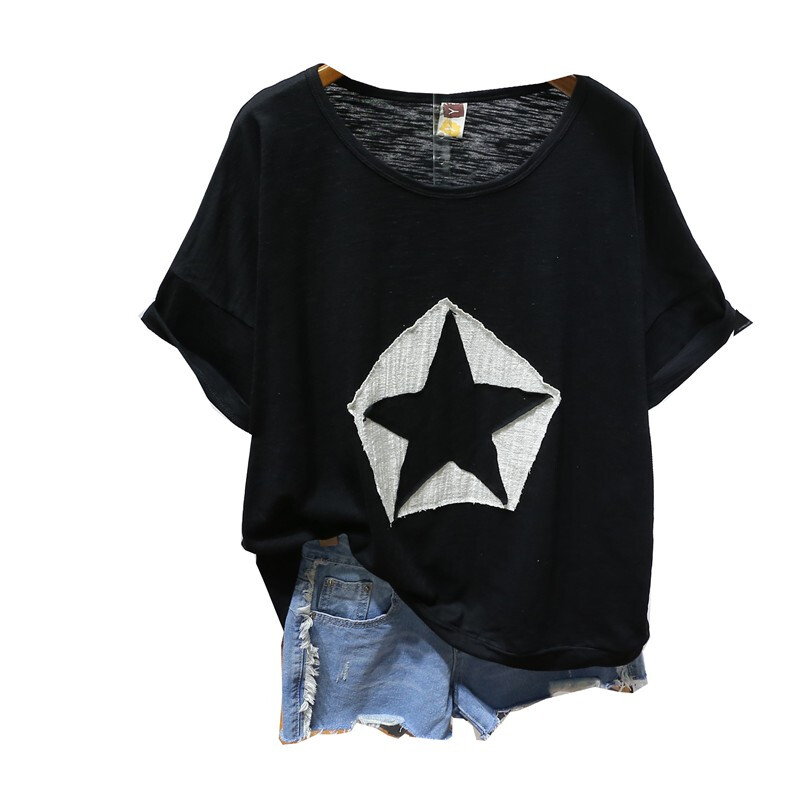 加大码女装夏季韩国简单百搭五角星宽松竹节棉T恤女短袖显瘦藏肉白色均码