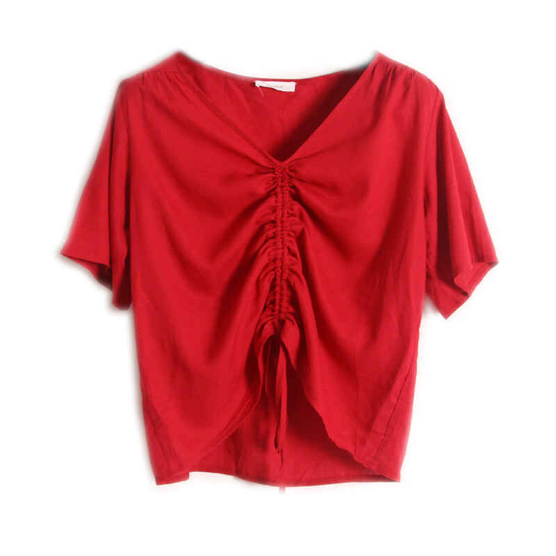 韩国夏装新款V领短袖棉麻小衫抽绳设计收腰宽松亚麻简约上衣女T恤红色均码