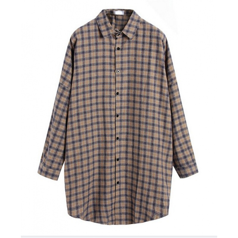 格子衬衫女长袖2018春秋新款韩版学生百搭bf风宽松休闲中长款衬衣红色均码