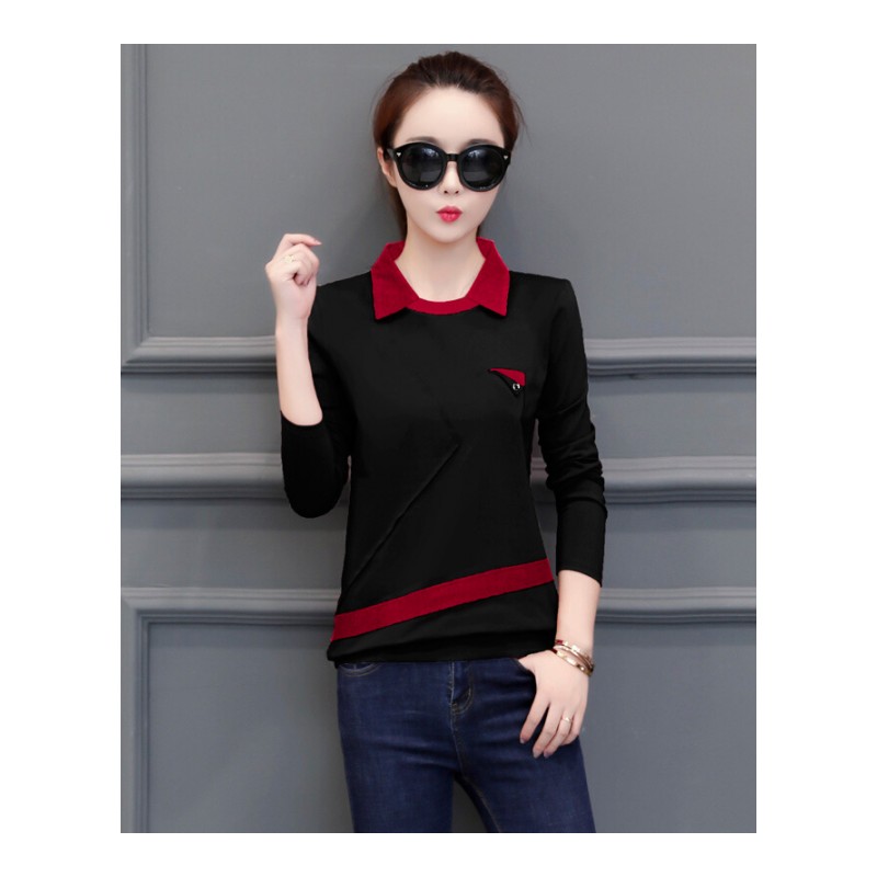 韩版2018秋季新款女装时尚百搭打底衫上衣服翻领显瘦长袖T恤纯棉