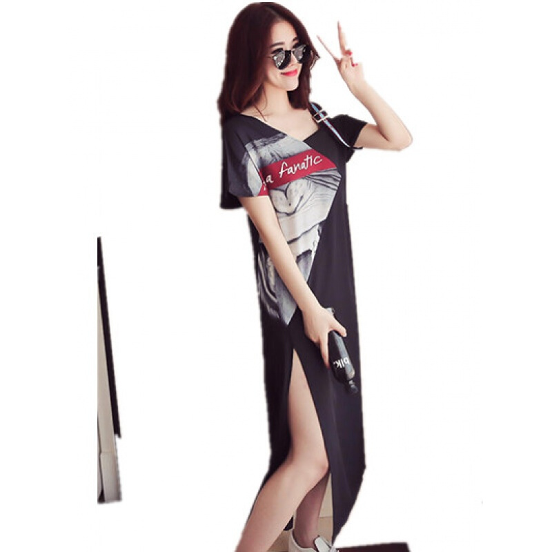 大码女装夏季个性漏肩连衣裙2018新款胖mm爱减龄宽松T恤长裙潮黑色